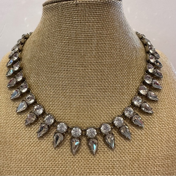 J. Crew Collar Statement Necklace gold w/ 2 rows of clear crystals end to end - Picture 1 of 12